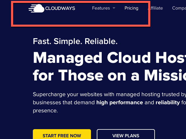 Cloudways 요금제 메뉴 찾기